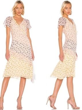 Joie Orita Silk Colorful Floral Print Flutter Sleeve V Neck Midi Dress Size 6